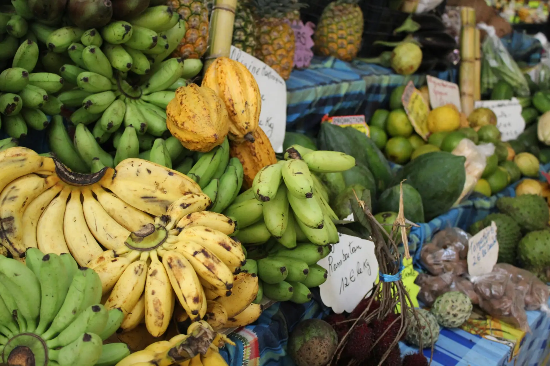 Vibrant assortment of tropical fruits including bananas and pineapples at an outdoor market.